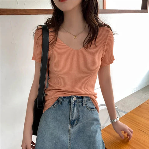 Basic V-neck Ribbed Summer Pullover Sweater