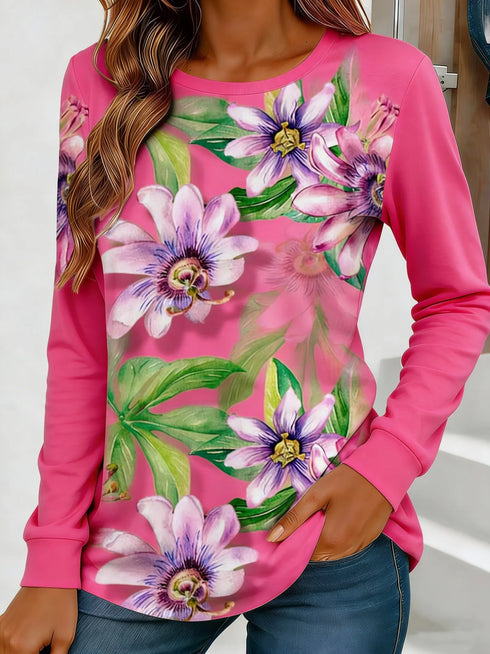 Women's Floral Print Long-Sleeved Loose-Fit Top