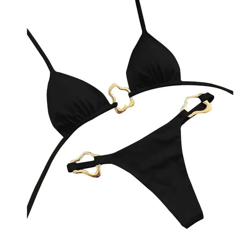 Lace-Up Solid Colour Two-Piece Bikini Set