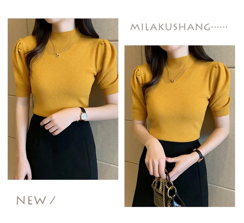 Women's Puff Sleeve Knitted Blouse with Half Turtleneck