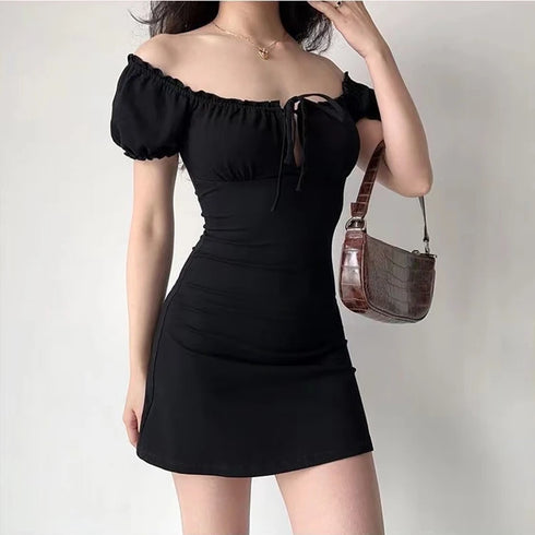 Summer Sexy Mini Dress Women Short Sleeved Lace Up Backless A-Line Casual Bodycon Black Dress for Parties