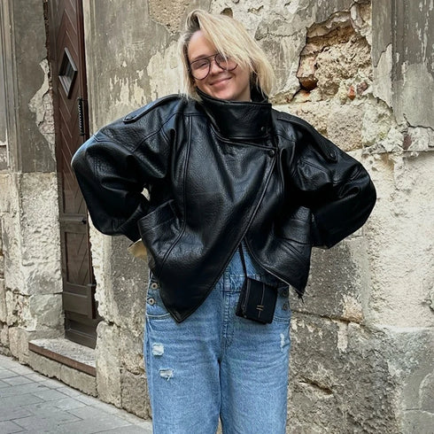 MUJER Black Faux Leather Bomber Jacket for Women