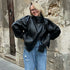 MUJER Black Faux Leather Bomber Jacket for Women