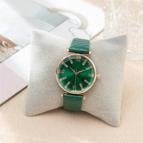 Luxury Ladies Diamond Roman Design Quartz Watch - Green Strap