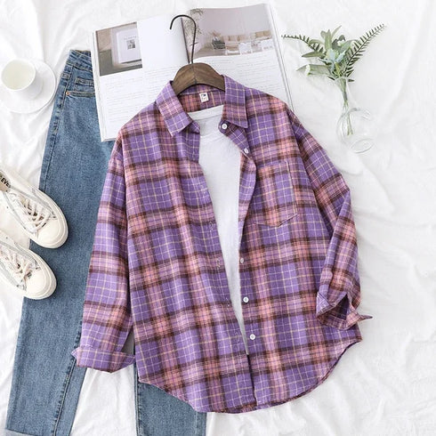 Elegant Women's Plaid Shirt 2025 New Ladies Large Size Casual Loose Lapel Long Sleeve Blouse&Tops Female Lapel Checked Clothing