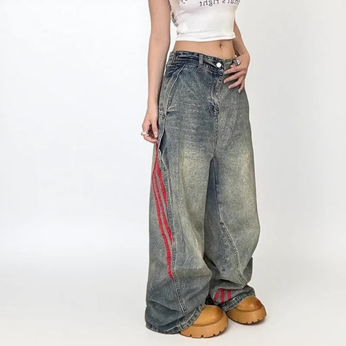 Korean Style Women's Wide Leg Jeans with Side Stripes