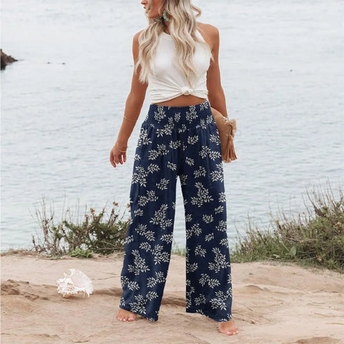 Floral Print Wide Leg Pants with Pockets