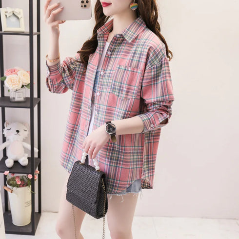 Loose Fit Cotton Plaid Shirt for Women