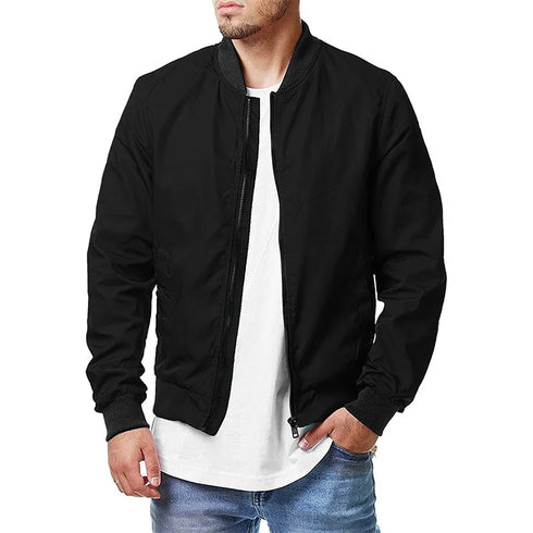 Men's Solid Colour Bomber Jacket - Casual Slim Fit