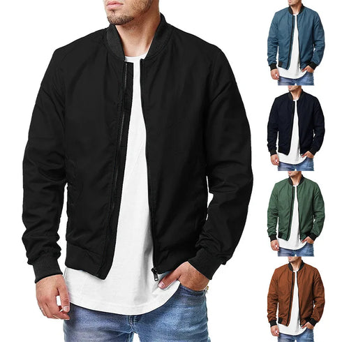 Men's Solid Colour Bomber Jacket - Casual Slim Fit