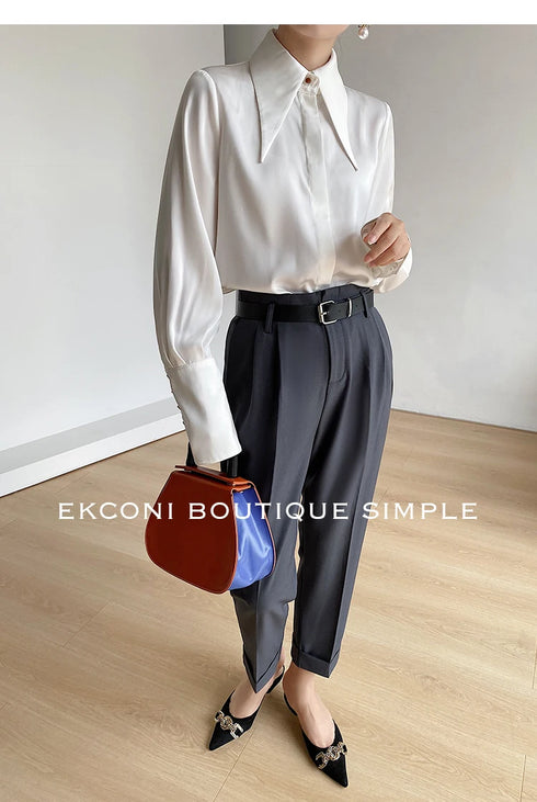 Elegant Satin Silk Blouse with Turn Down Collar
