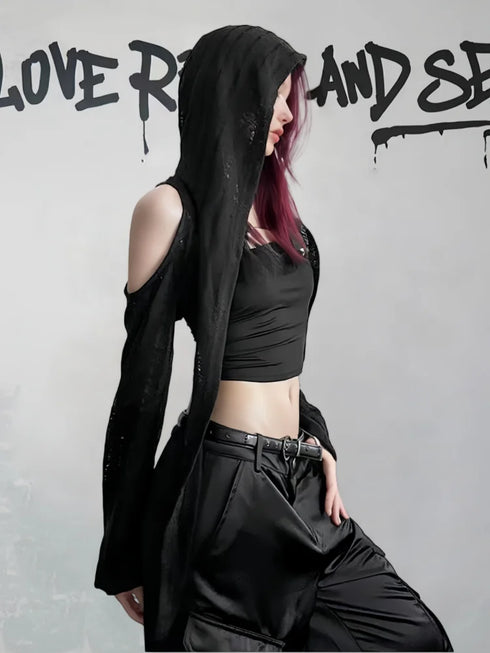 Hooded Long Sleeve Off Shoulder T-shirt