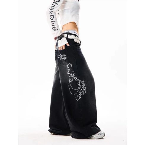 Vintage Embroidery Wide Leg Jeans for Women