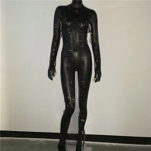 Shiny Rhinestones Grid Fishnet Dress