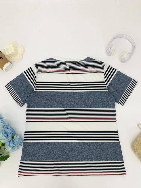 Plus size women's elegant short-sleeved top casual round neck T-shirt with fake buttons striped knitted fabric