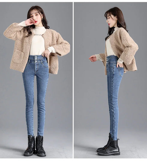 High-Waisted Fleece-Lined Slim Jeans for Women