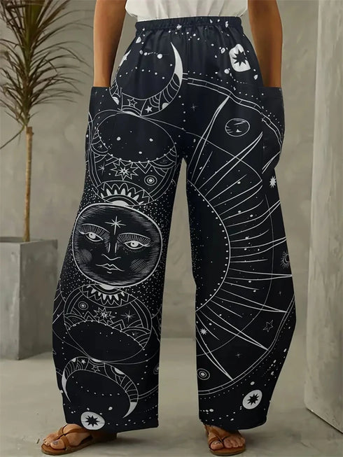 Abstract Star and Moon Print Wide-Leg Pants