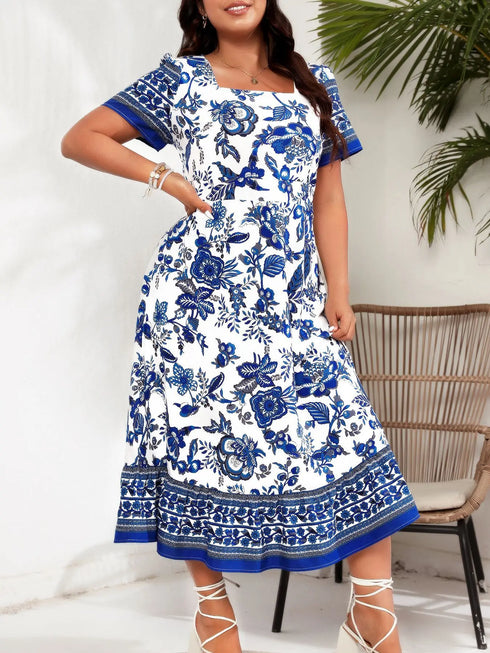 Plus Size Elegant Chic Printed High Waist Dress for Spring Summer Casual Streetwear