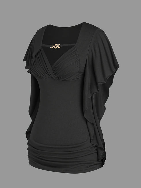 Plus Size Women's Ruffle Sleeve Slant Placket T-shirt