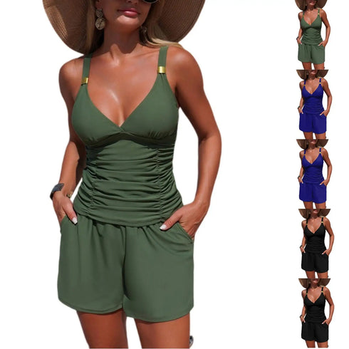 Ruched Tankini Set with Pockets - Green