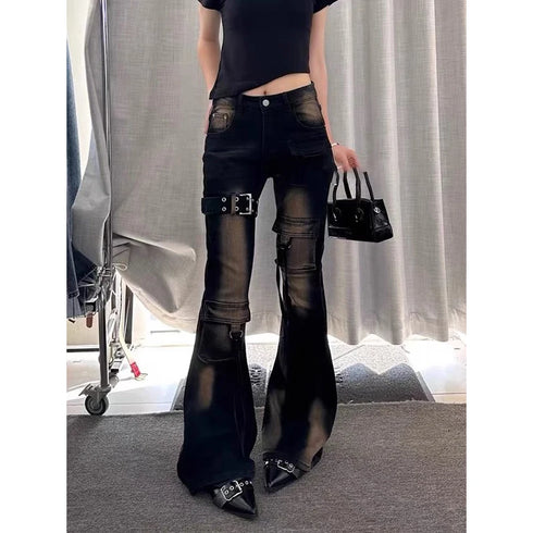 High Waist Cargo Jeans with Bell Bottom Detail