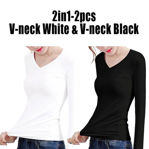 O Neck V Neck Long Sleeve Shirt Women Winter Bottoming Crop Tops Black Casual Slim Basic Velvet Heating Fiber Thermal T-Shirts