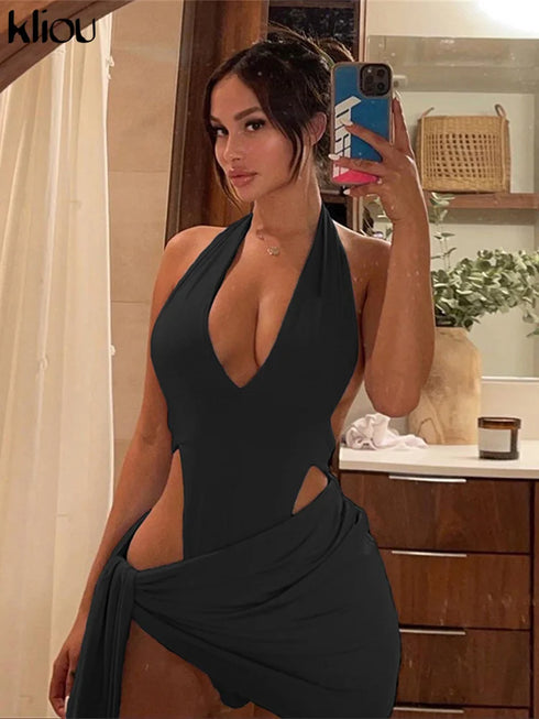 Kliou Solid Deep V Backless Two Piece Set in Black