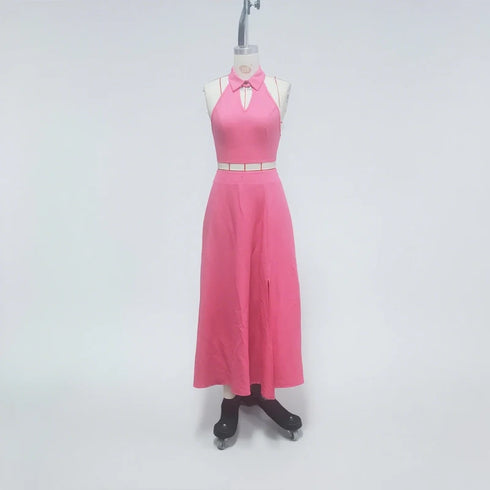 Women's Pink Two Piece Halter Collar Crop Top & Maxi Skirt