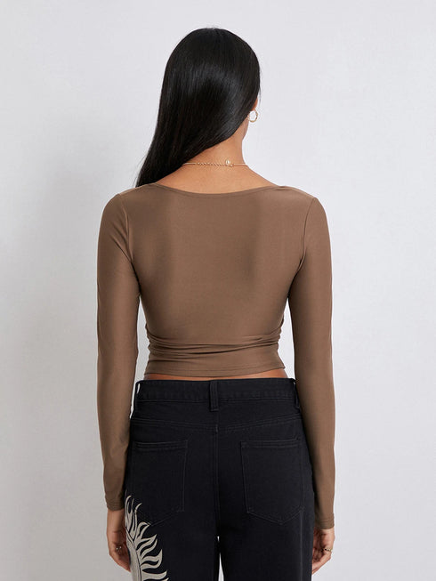 Women's Slim Fit Crop Tops Fashion Long Sleeve Square Neck Solid Color Pullover Basic T-Shirt Dressy Blouses 2024 New Streetwear