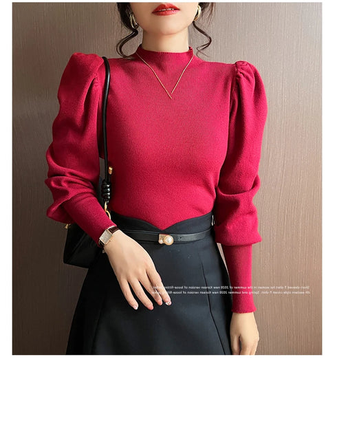 Slim Fit Turtleneck Sweater with Puff Sleeves