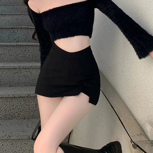 Black High Waist Split Mini Skirt for Women