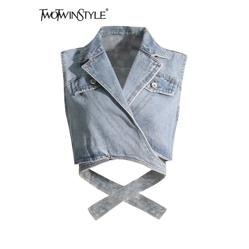 Irregular Cross Denim Coat For Women High Waist Hollow Out Casual Summer Top