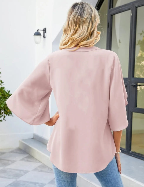 Women's Chiffon V-Neck Blouse with Petal Sleeves