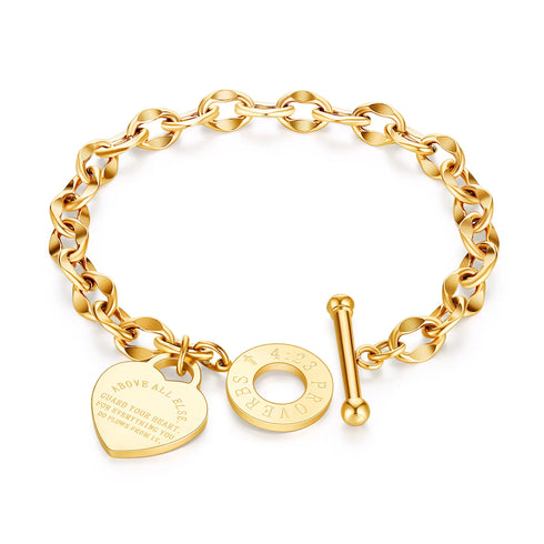Stainless Steel Heart Bracelet with Proverbs Inscription