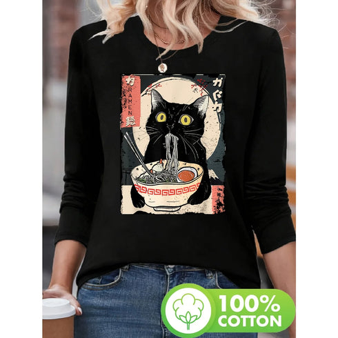 Women's Black Cat Eating Ramen Graphic T-Shirt
