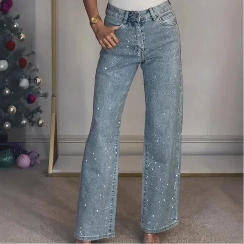 High Waist Straight Leg Denim Jeans with Diamond Detail