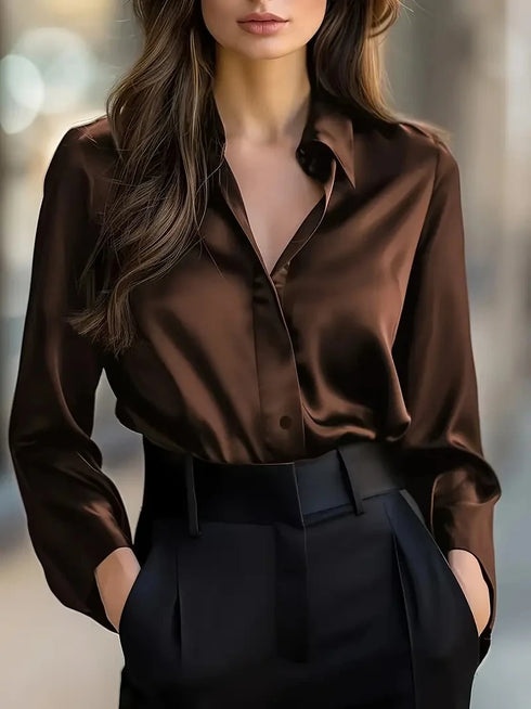 Elegant Satin Long Sleeve Blouse for Women Button-Up Collar Shirt Perfect for Casual or Professional Wear