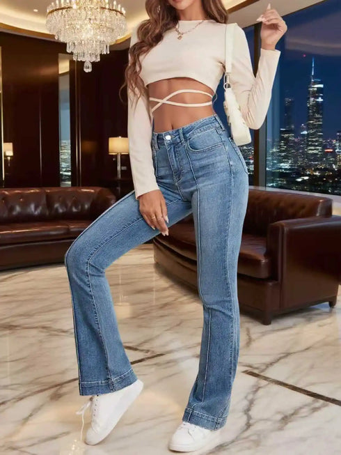 High Waist Flared Jeans with French Seam Detail