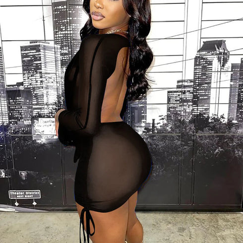 Deep V-Neck Backless Top & Drawstring Mini Skirt Set