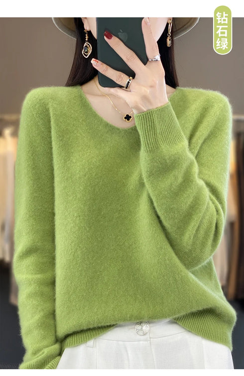 100% Merino Wool V-Neck Pullover Sweater for Women