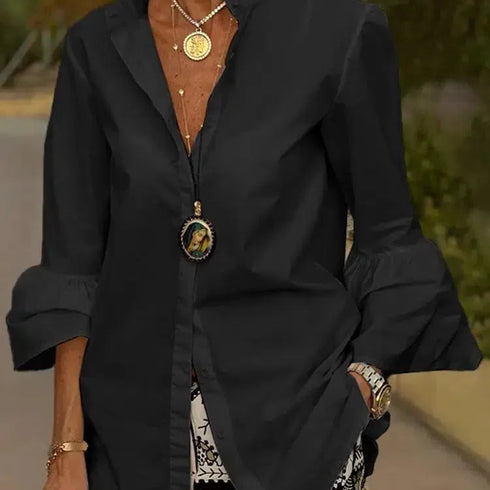 Elegant Women's Flare Sleeve V-Neck Blouse - Chic Office & Casual Tunic Top with Button Detail