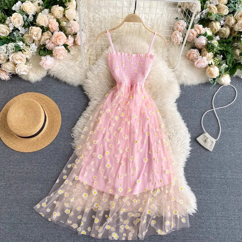 Floral Print Spaghetti Strap Mesh Party Dress