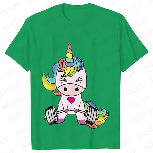 Whimsical Unicorn Weightlifting T-Shirts for Women | Trendy Fitness Graphic Tees for Summer Workouts