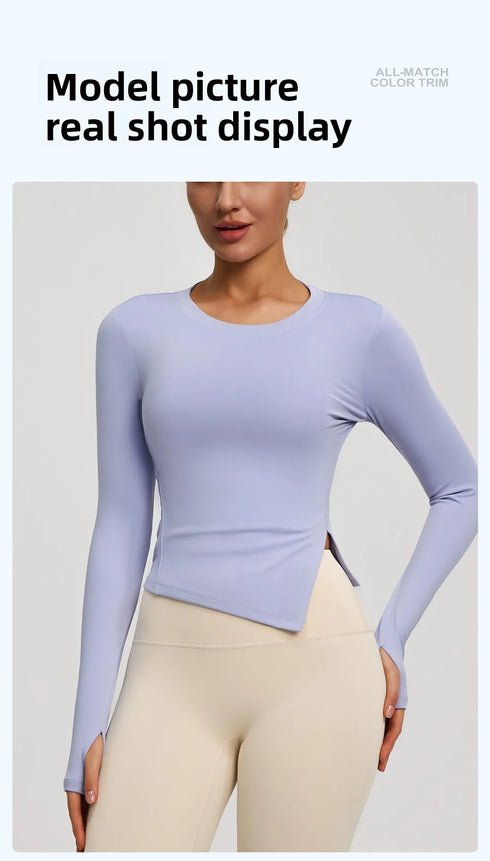 Long Sleeve O-Neck Yoga Top in Solid Colours