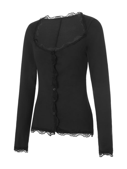 New Women´s Crop Tops, Long Sleeve Solid Color Jagged V Neck Lace Hem Button Down Slim Fit Shirt