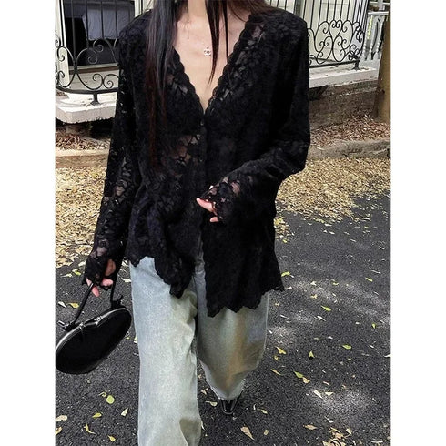 Vintage Summer Lace Blouses Women See Through Sheer Long Sleeve Sun Shirts Korean Style Casual Sun Protection Sexy Ladies Tops