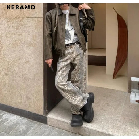 Leopard Print Wide Leg High Waist Denim Trousers