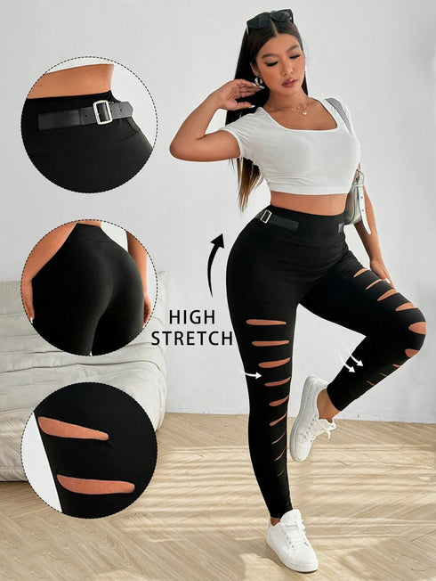 Plus Size High Waist Hollow Out Sports Pants