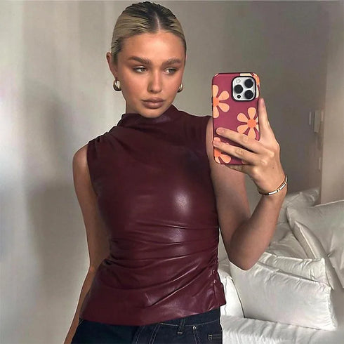 Women Y2K Vintage PU High Waist Sleeveless Tank Top