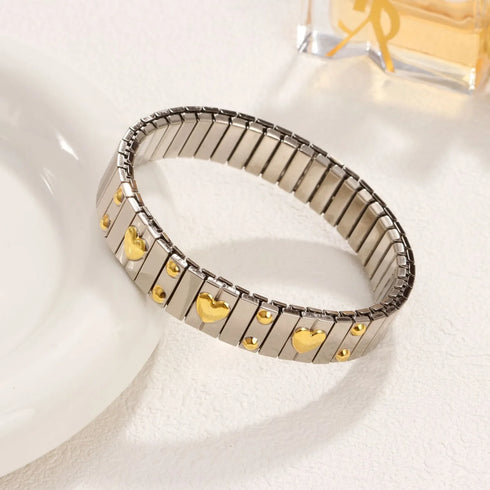 PRISCA | Titanium Steel Elastic Bracelet for Women.Heart Shape.1Pcs.Gold Plated Punk Jewelry.Hip Hop. New Design